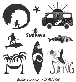 Vector set of vintage surfing labels, emblems or logos. Surfboard, rider silhouettes, dolphin, minivan and waves