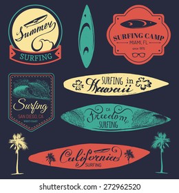 Vector set of vintage surfing logos, signs collection for textile, t-shirts print etc. Freedom, California, Hawaii typography poster.