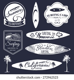 Vector set of vintage surfing logos, signs collection for textile, t-shirts print etc. Freedom, California, Hawaii typography poster.