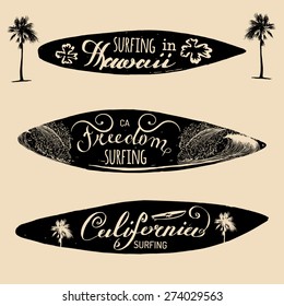 Vector Set Of Vintage Surfing Logos, Signs Collection For Textile, T-shirts Print Etc. Freedom, California, Hawaii Typography Poster.