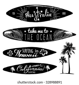 Vector set of vintage surfing logos and t-shirts prints. Take me to the ocean, Australia, California, Hawaii typographic posters collection with hand drawn boards illustrations.
