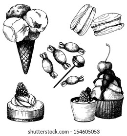 Vector set of vintage sweet cake and candies background. Hand drawn icons isolated on white