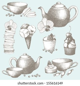 Vector set of vintage sweet cake, candies and teapot. Hand drawn tea time illustrations.