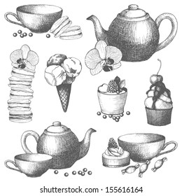 Vector set of vintage sweet cake, candies and teapot. Hand drawn tea time illustrations isolated on white