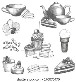 Vector set of vintage sweet cake, candies and teapot. Hand drawn tea time illustrations isolated on white.