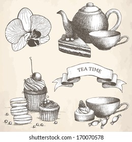 Vector set of vintage sweet cake, candies and teapot. Hand drawn tea time illustrations.