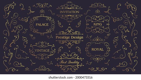 Vector set of vintage swirls, golden borders and frames. Luxury Wedding Logo with Ornament Baroque style design for invitation and brand identity. Business signs, logos, identity, spa, hotels