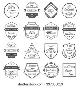 Vector set of vintage symbols and sign. Car service and  sale retro labels, logos and badges. Collection of auto design elements, frames, ribbons and emblems