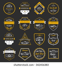 Vector set of vintage  symbols and sign. Car service and sale retro labels, logos and badges. Collection of auto design elements, frames, ribbons and emblems