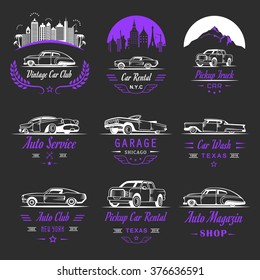 Vector set of vintage  symbols and sign. Car service and sale retro labels, logos and badges. Collection of auto design elements, frames, ribbons and emblems