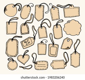 Vector set of vintage tag for gift. hand-drawn doodle style, black outline and brown colored elements of various shapes labels with string tags with a string pattern on a white background 