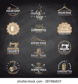 Vector set of vintage tailor labels, badges and hand drawn design elements. Chalkboard.
