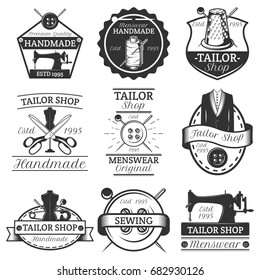 Vector set of vintage tailor logos, emblems, badges, labels isolated on white background. Typography design for sewing business advertising.