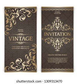 Vector set of vintage template ornamental gold design elements and patterned background. Elegant lace wedding invitation design, Greeting Card, banner in classic style