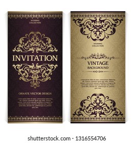 Vector set of vintage template ornamental gold design elements and patterned background. Elegant lace wedding invitation design, Greeting Card, banner in classic style