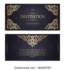 Vector set of vintage template ornamental gold design elements and patterned background. Elegant lace wedding invitation design, Greeting Card, banner in classic style