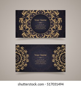 Vector set of vintage template ornamental gold design elements and patterned background. Elegant lace wedding invitation design, business card, banner in classic style