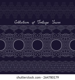 Vector Set of Vintage Template with Ornate Laces. Hand Drawn Borders in Trendy Linear Style. Wedding Decor