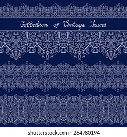 Vector Set of Vintage Template with Ornate Laces. Hand Drawn Borders in Trendy Linear Style. Wedding Decor