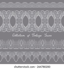 Vector Set of Vintage Template with Ornate Laces. Hand Drawn Borders in Trendy Linear Style. Wedding Decor