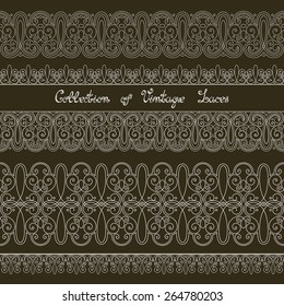 Vector Set of Vintage Template with Ornate Laces. Hand Drawn Borders in Trendy Linear Style. Wedding Decor