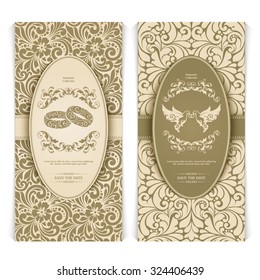 Vector set vintage template with seamless pattern, decor frame and ornate design element: couple birds with rings, couple of rings. Elegant lace wedding invitation design, Greeting Card, banner