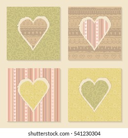 Vector set of vintage templates on Valentine's Day 14 February. Hearts of torn patterned festive paper. Seamless ornament in the background. Yellow, pink, beige pastel colors.