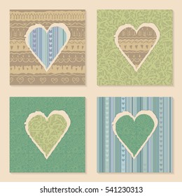 Vector set of vintage templates on Valentine's Day 14 February. Hearts of torn patterned festive paper. Seamless ornament in the background. Green, blue, beige pastel colors.