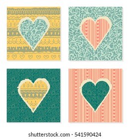 Vector set of vintage templates on Valentine's Day 14 February. Hearts of torn patterned festive paper. Seamless ornament in the background. Turquoise, blue, yellow, pink colors. 