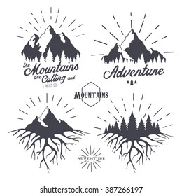 Vector set of vintage travel labels and design elements. Mountains, forest and roots