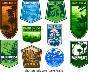 Vector set of Vintage Tropical Rainforest Jungle Emblems on Shields