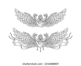 Vector set of vintage vignettes of angel bird wings with flowers and ribbon, heraldic decorative element in antique style as black outline illustration isolated on white 