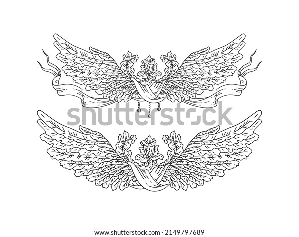 Vector set of\
vintage vignettes of angel bird wings with flowers and ribbon,\
heraldic decorative element in antique style as black outline\
illustration isolated on white\
