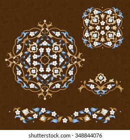 Vector set of vintage vignettes in Eastern style. Ornate element for design. Ornamental pattern for wedding invitations, birthday, greeting cards. Traditional floral decor. Elegant illustration.