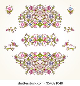 Vector set of vintage vignettes in Eastern style. Ornate element for design. Ornamental pattern for wedding invitations, birthday, greeting cards. Traditional floral decor. Elegant illustration.