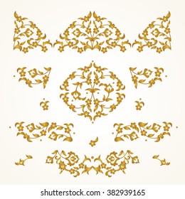 Vector set of vintage vignettes in Eastern style. Ornate element for design and place for text. Oriental illustration for wedding invitations, birthday and greeting cards. Traditional golden decor.