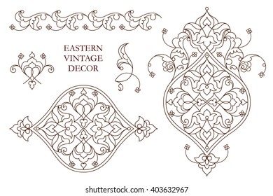 Vector set of vintage vignettes in Eastern style. Line art  element for design and place for text. Ornamental patterns for wedding invitations, birthday and greeting cards. Traditional outline decor.