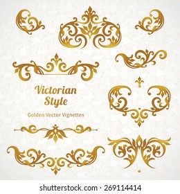 Vector Set Of Vintage Vignettes In Victorian Style. Ornate Element For Design And Place For Text. Ornamental Patterns For Wedding Invitations, Birthday And Greeting Cards.  Traditional Golden Decor.