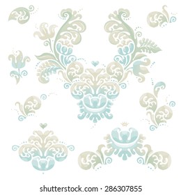 Vector set of vintage vignettes in Victorian style. Ornate element for design and place for text. Ornamental patterns for wedding invitations, birthday and greeting cards. Traditional pastel decor.