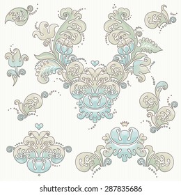 Vector set of vintage vignettes in Victorian style. Ornate element for design and place for text. Ornamental patterns for wedding invitations, birthday and greeting cards. Traditional pastel decor.