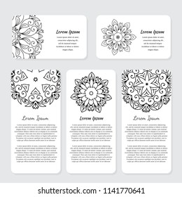 Vector set of vintage visiting card with outline mandala design. Floral mandala pattern and ornaments. Islam, Arabic, Indian, ottoman motifs. Front page and back page.