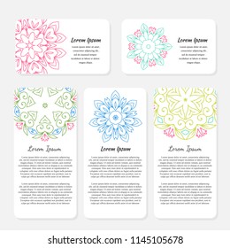 Vector set of vintage visiting card with outline mandala design. Floral mandala pattern and ornaments. Islam, Arabic, Indian, ottoman motifs. Front page and back page.