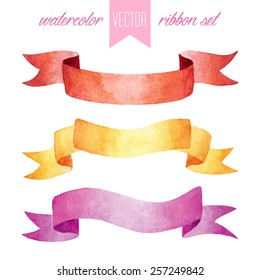 Vector set of vintage watercolor isolated red, yellow and pink ribbons