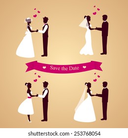 Vector set of vintage wedding cards,wife and husband on beige background with pink ribbon
