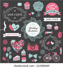 vector set of vintage wedding design elements, invitation, decorative elements