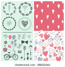 vector set of vintage wedding design elements, invitation. Seamless hand drawn doodle patterns with hearts and bicycles. Arrows, wreaths. Romantic collection