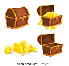 vector set of vintage wooden chest with gold, open and closed cover. isolated on white background. Picture for 2D game UI