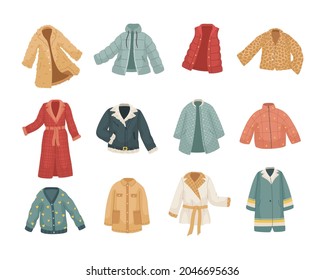 Vector set of vinter clothes. Different types of coats and jackets. 