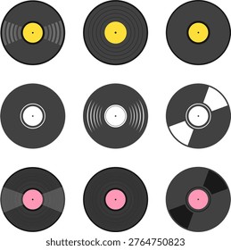 Vector set of vinyl record icons in different styles with colorful labels for music design