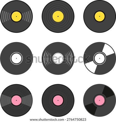 Vector set of vinyl record icons in different styles with colorful labels for music design
